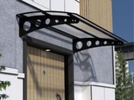 Sundurmagross Metal taşıyıcılı Kapı Üstü Pratik Sundurma Oval Serisi Siyah Ayak Şeffaf Levha
