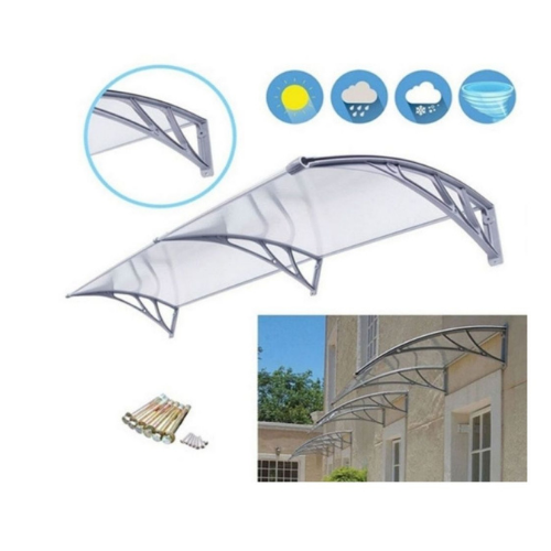 Transparent curved outdoor canopy with a metal frame mounted to a wall, providing weather protection; includes mounting hardware and weather icons indicating sun, rain, and snow stability.