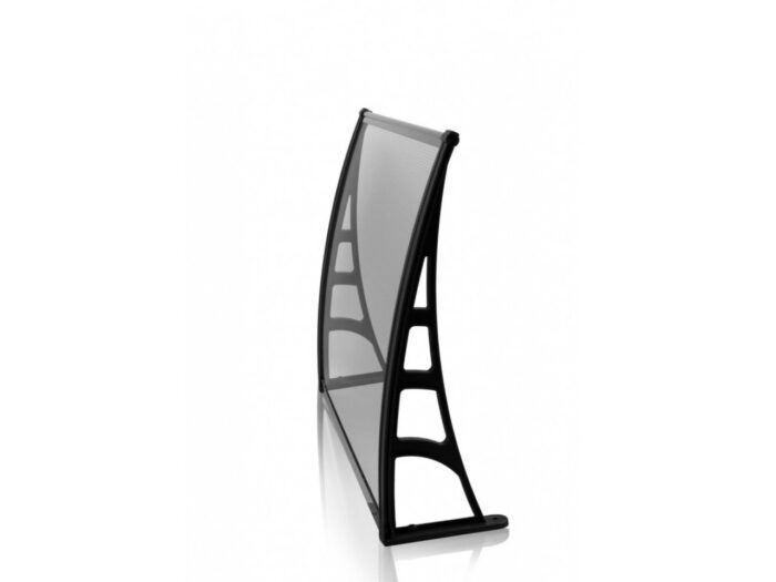 Side view of a curved black mesh backrest for an office chair.