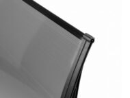 Close-up of a ribbed roller shade edge with a dark metal frame at the corner, viewed diagonally against a white background.