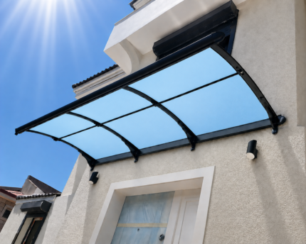 Glass blue-tinted canopy over a doorway on a stucco wall, sunny sky in the background