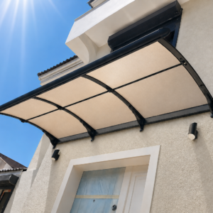 Beige house front with a curved translucent canopy over a white door framed by a black metal frame; clear blue sky and sun glare above.