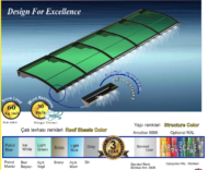 Green roof sheet with LED rain gutter lights, showing a curved panel system and weather‑resistance icons while a color palette bar is below.