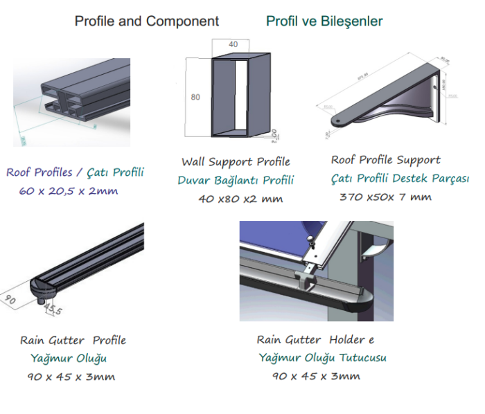Product catalog page for roof profiles and components, showing sizes and bilingual headings (English/Turkish).