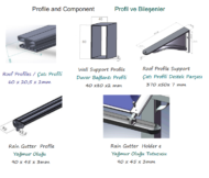 Catalog page showing roof profiles and components with 3D sketches and dimension labels in English and Turkish (Profile and Component / Profil ve Bileşenler). The collage includes roof profile, wall support profile, and rain gutter components with measurements.