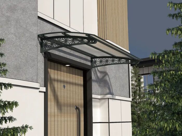 Metal taşıyıcılı Kapı Üstü Pratik Sundurma Lotus Serisi Antrasit Ayak Şeffaf Levha - Görsel 2